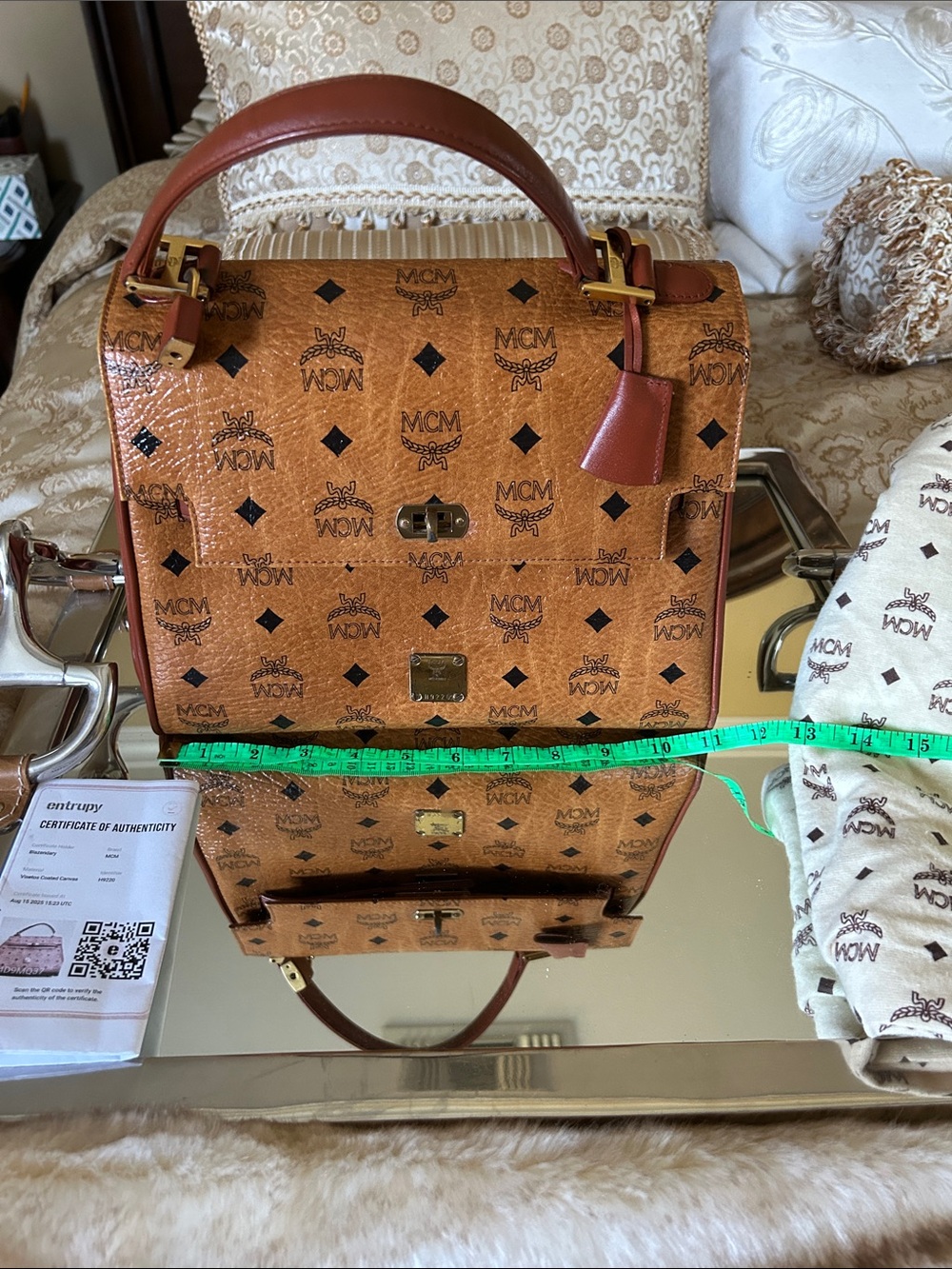 MCM Cognac Logo Visetos Top Handle Satchel with Gold Hardware lock w keys COA